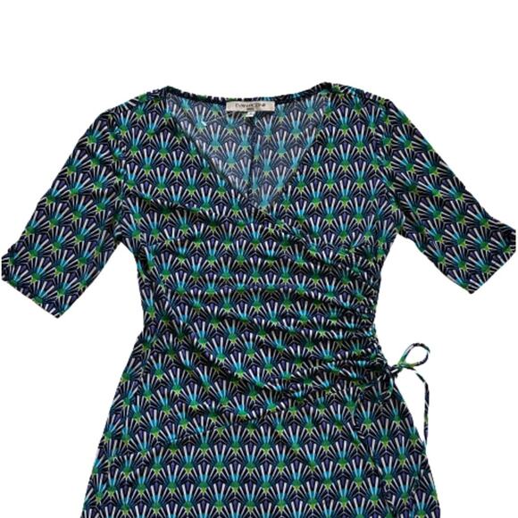 Evan Picone Dress Teal Green Purple Print Short Sleeve Faux Wrap Ruched Size 4 - Picture 7 of 12